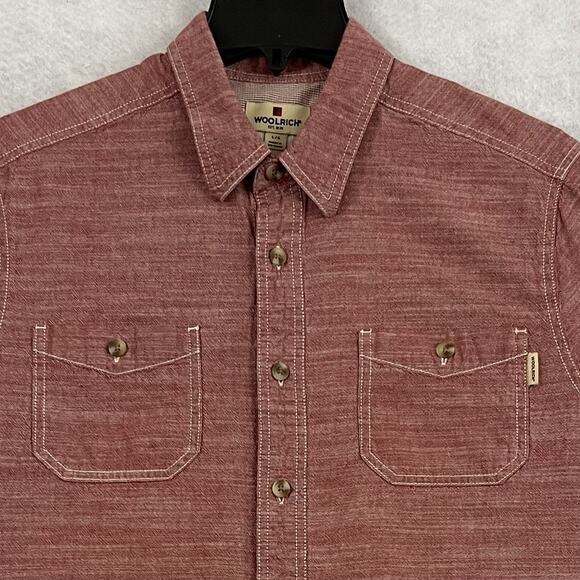 WOOLRICH Shirt Mens Large Red Chambray Short Sleeve Casual Button Up Gorpcore - Picture 8 of 11